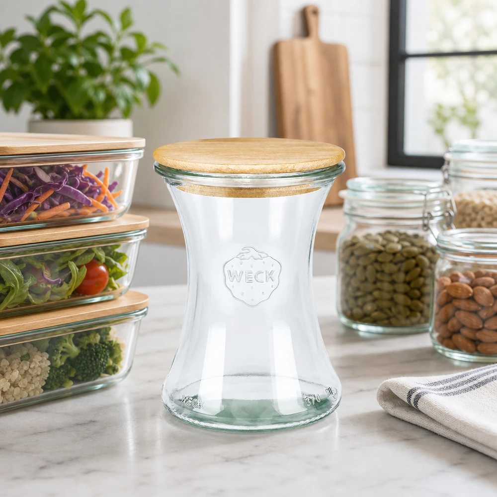 370ml Delikatessenglas WECK RR80 mit Holzdeckel WECK Delikatessenglas 370ml RR80 mit Holzdeckel in moderner Küche neben Vorratsgläsern und Meal-Prep-Behältern