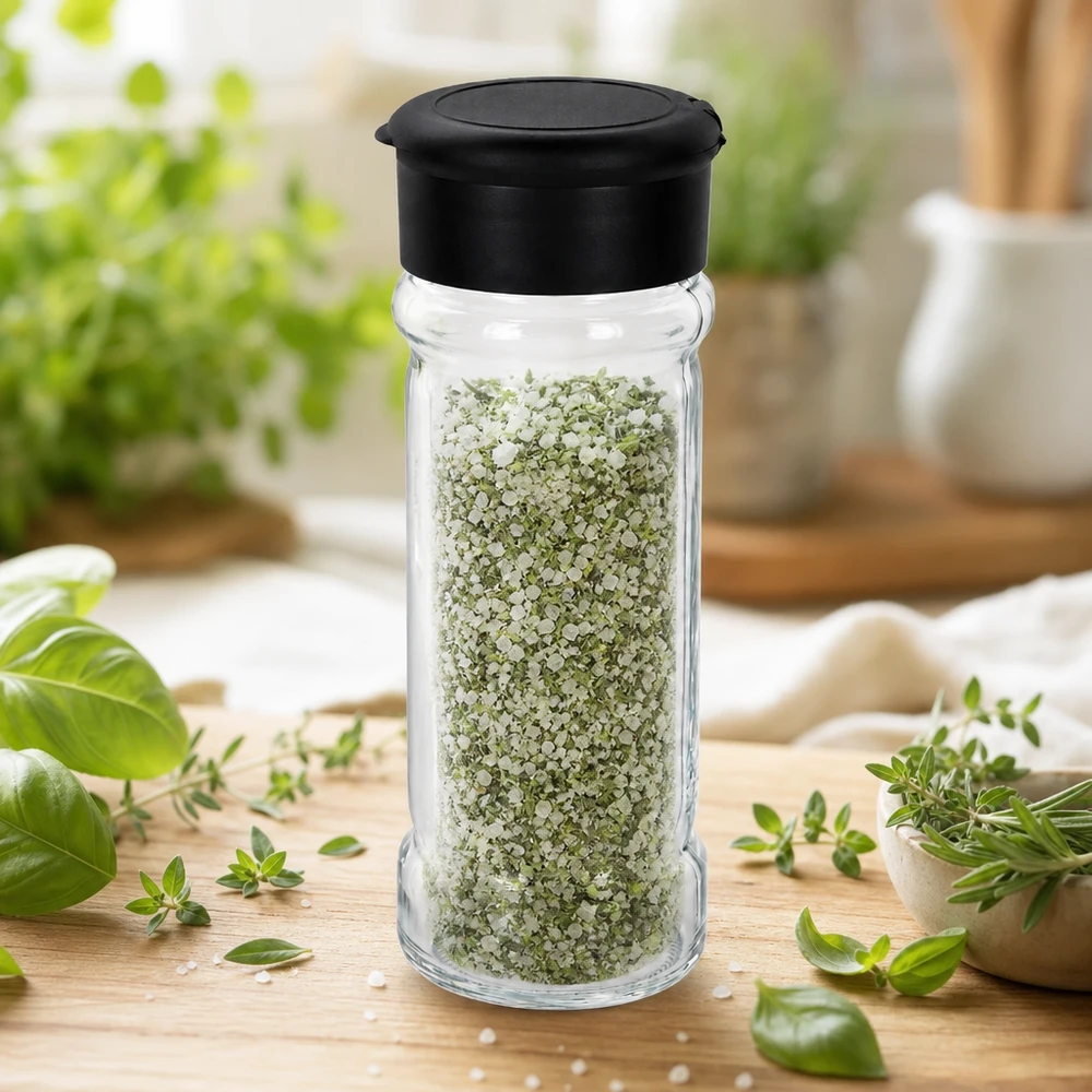 Salz-/Gewürzglas 100ml mit Streuer schwarz Glasstreuer 100ml mit grün-weißem Kräutersalz schwarzem Deckel und frischen Küchenkräutern im Hintergrund