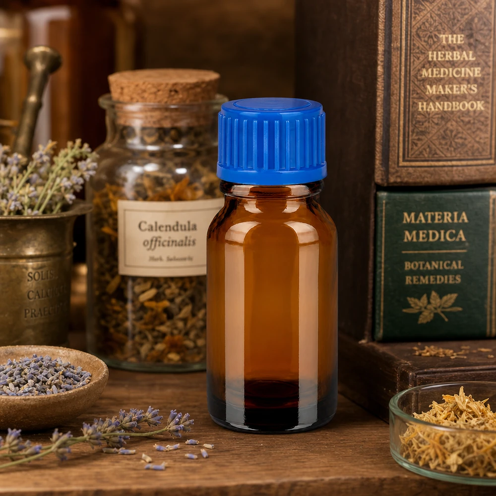 Handliche 10ml Flasche aus dunklem Glas mit blauem Verschluss für mobile Anwendungen
