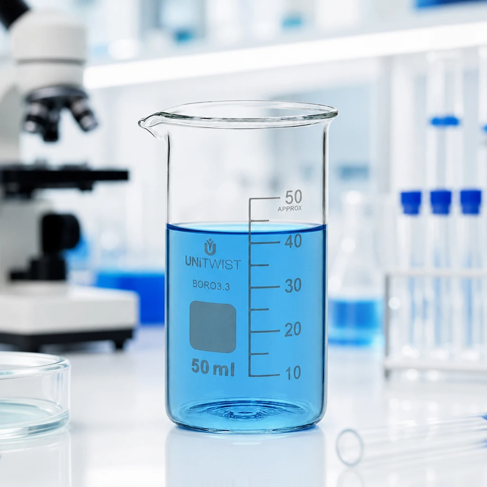Graduiertes Becherglas 50ml hohe Form UNITWIST aus Borosilikat mit weißer Skalierung