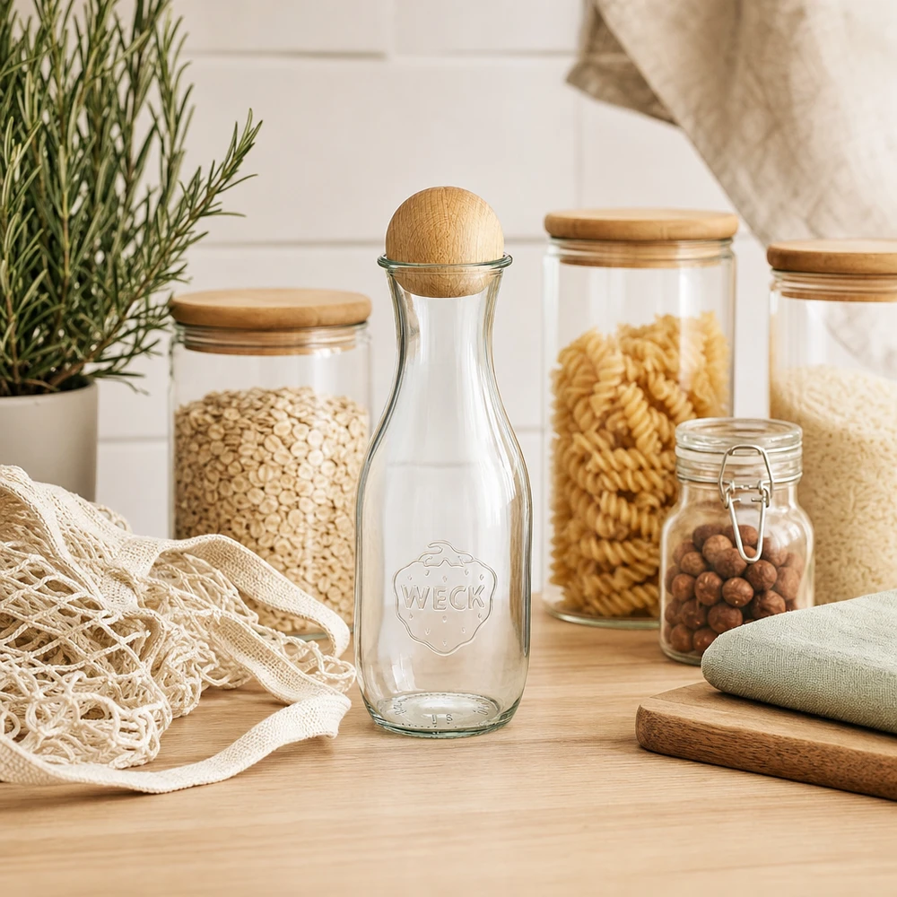 WECK Glasflasche 1062ml RR60 in nachhaltiger Küche mit Zero-Waste Vorratsgläsern Jutebeutel und Rosmarinpflanze