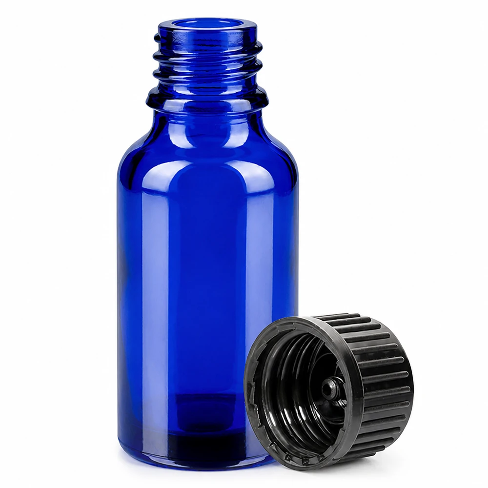 20ml Flasche 11mm Schraubverschluss schwarz Standard BlueLine UT18/20 UV-schützende blaue 20ml Glasflasche mit kindersicherem schwarzen Verschluss für Medikamente
