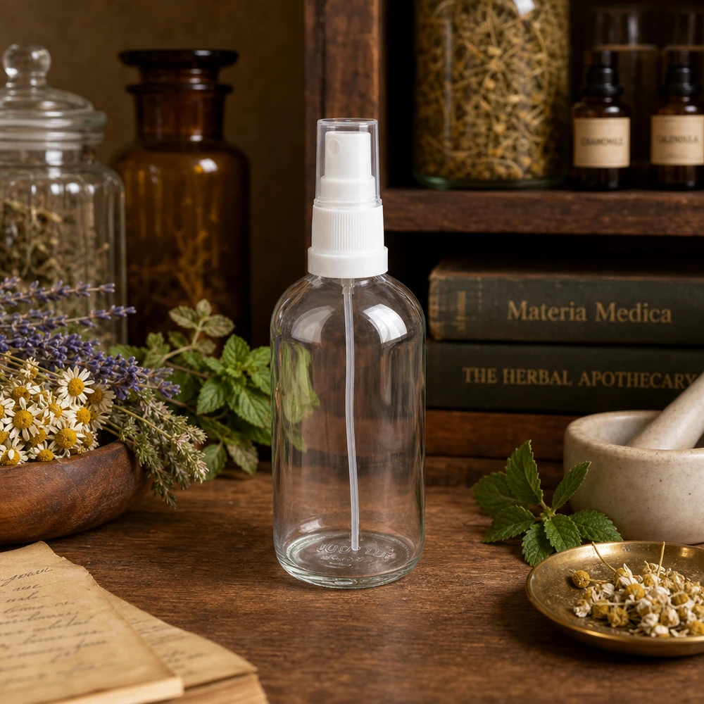 Zylindrische 100ml Glassprühflasche ClearLine weißer Verschluss Herbaliste Naturapotheke