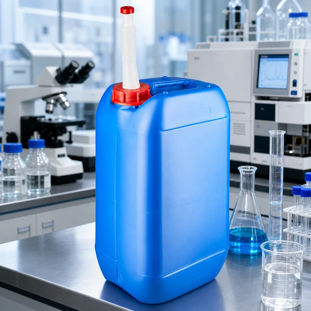 Chemikalienkanister 15 Liter blau mit flexiblem Rohr neben Erlenmeyerkolben und Messzylindern