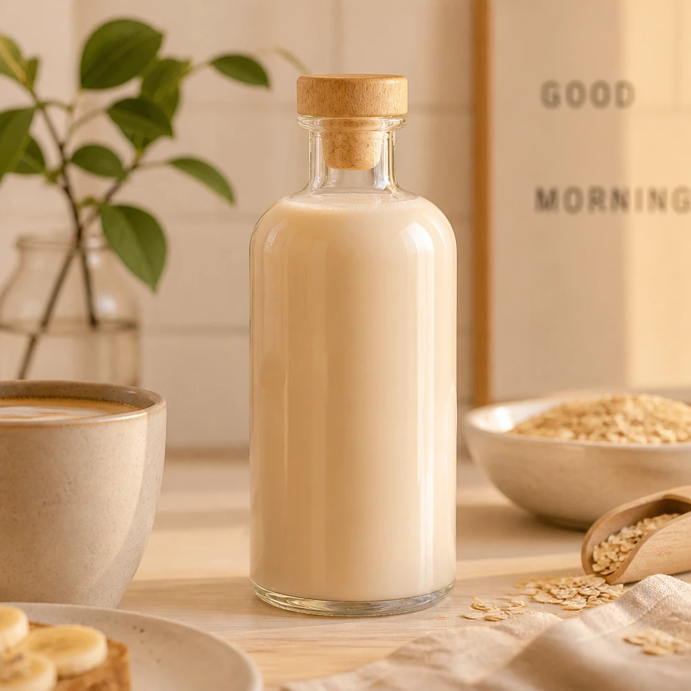 500ml Glasflasche "Flora" mit Holzgriff-Korken UNiTWIST Glasflasche Flora 500ml mit Hafermilch gefüllt zwischen Haferflocken und Schale in natürlicher Küche
