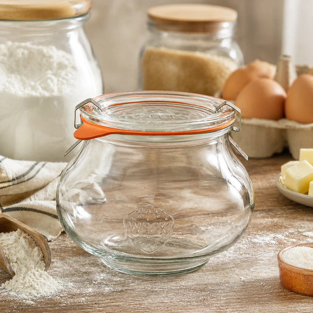 WECK Schmuckglas 560ml RR80 in rustikaler Küche mit Backzutaten, Mehl und Eiern, perfekt für Küchenorganisation