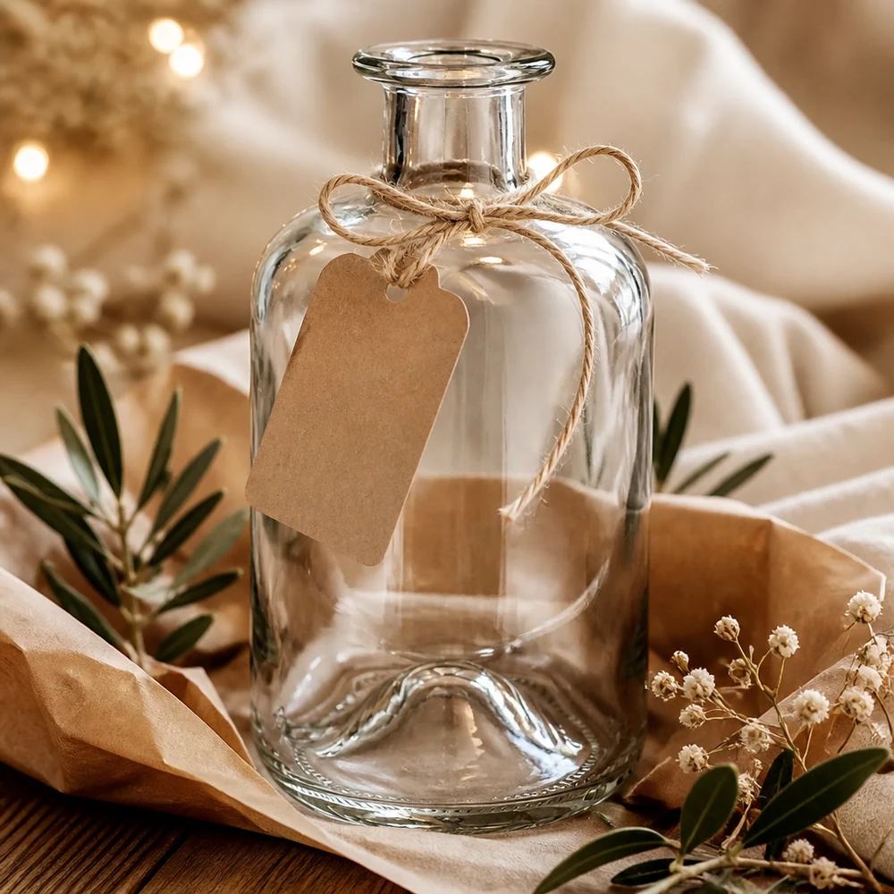 500ml Glasflasche "Luna" ohne Verschluss UNiTWIST Apothekerflasche Luna 500ml transparent mit Kraftpapier-Anhänger als Geschenkverpackung zwischen getrockneten Blumen