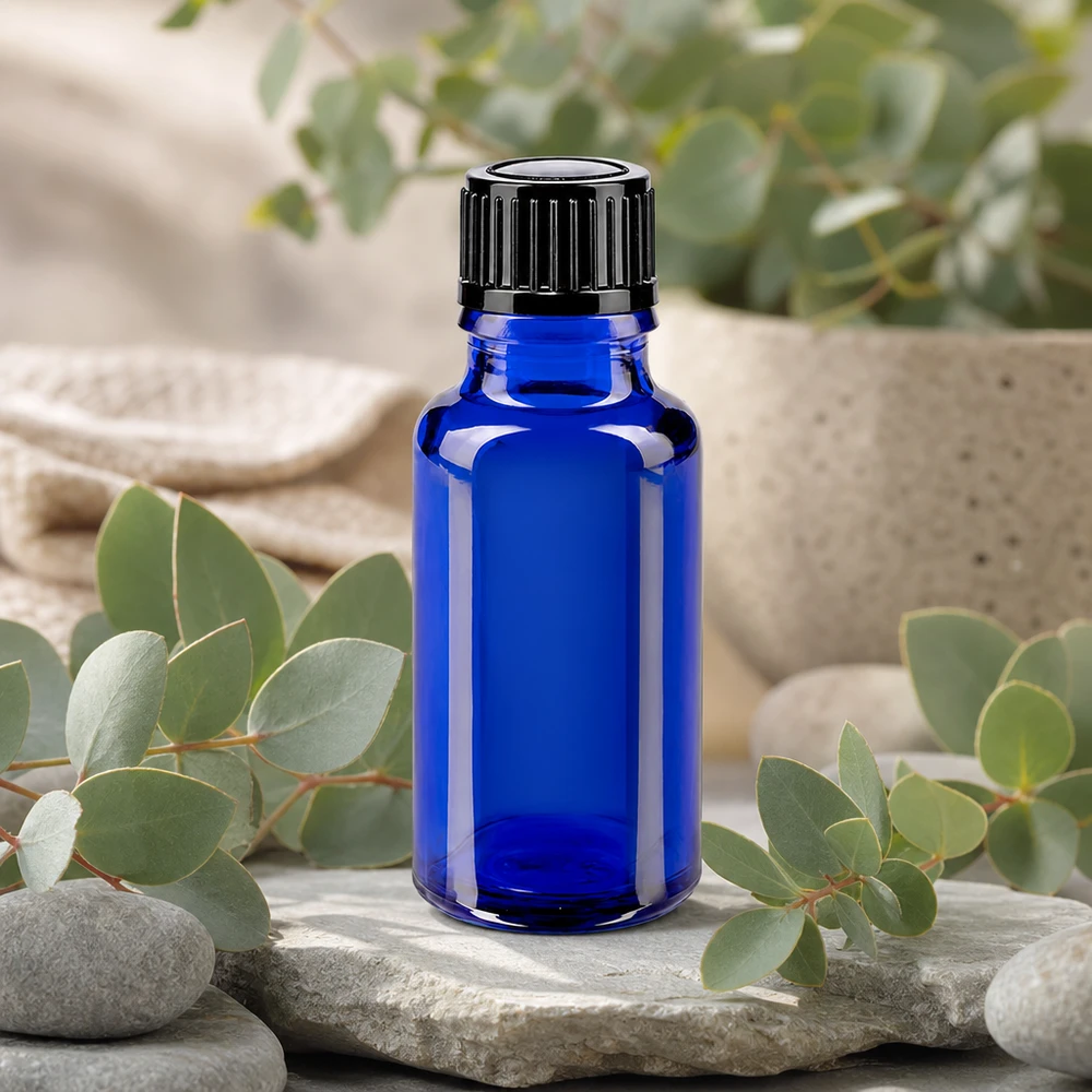 Blaue 20ml Flasche mit Tropfverschluss schwarz ideal für Aromatherapie und Eukalyptusöl