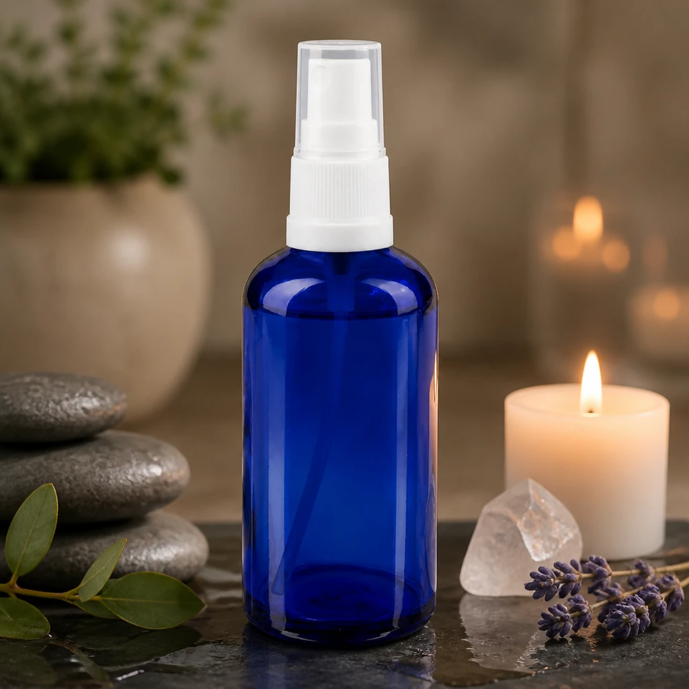 Blaue 50ml Glasflasche mit weißem Sprühkopf neben Basaltsteinen und Lavendel