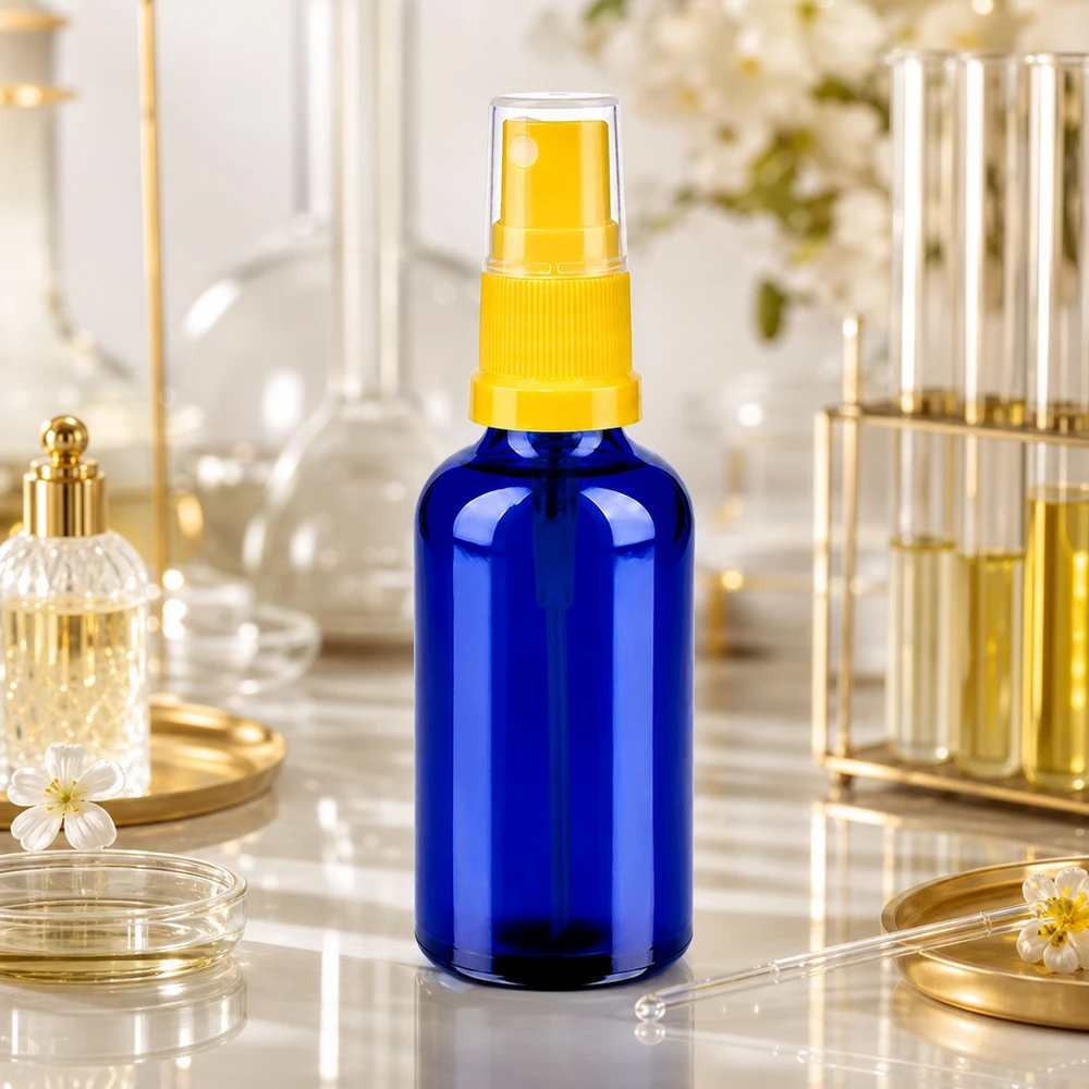50ml Sprayflasche gelb/transparent Standardverschluss BlueLine UT18/50 50ml Glasflasche mit Sprühfunktion - ideale Größe für Hautpflege Seren und Gesichtswasser