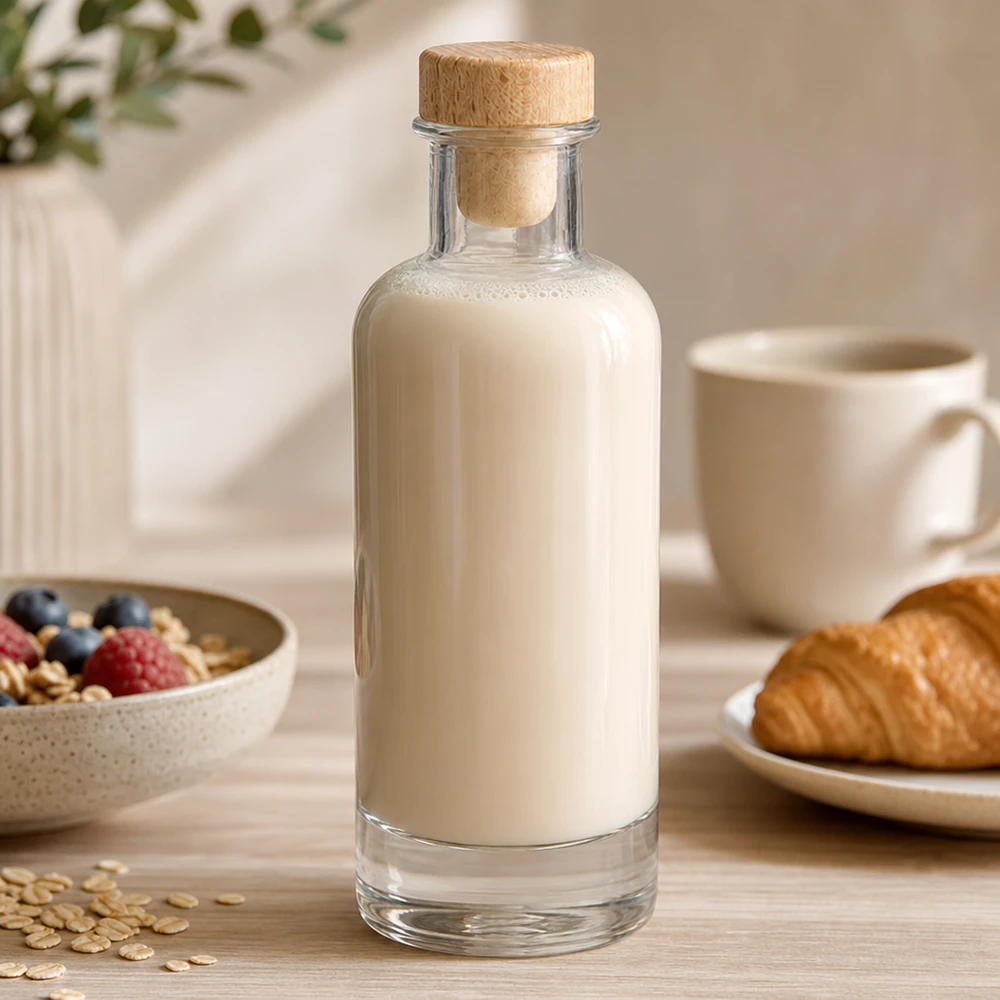 200ml Glasflasche Ella mit Holzkorken gefüllt mit Hafermilch auf Frühstückstisch mit Müsli und Croissant