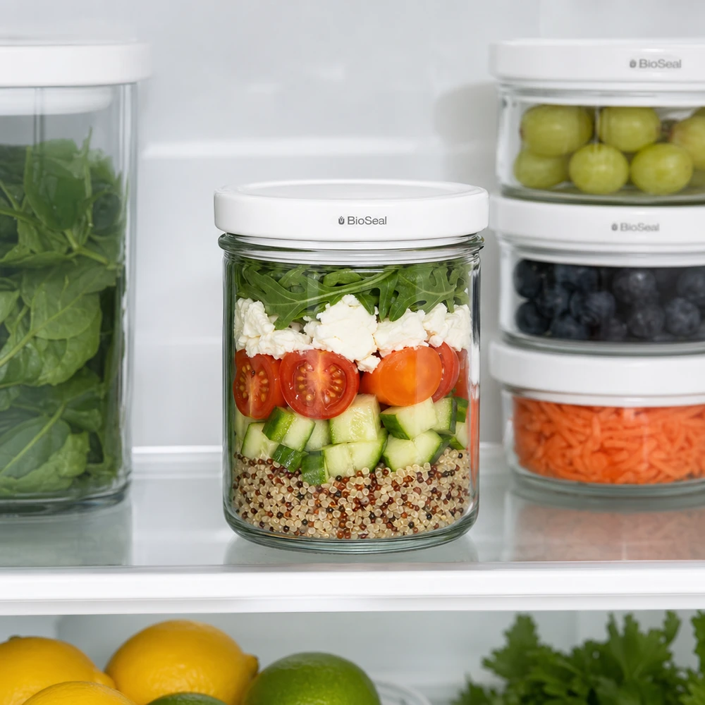 UNiTWIST 167ml Sturz-Glas Kühlschrank-Organisation Meal Prep Salat geschichtet BioSeal Deckel Frischhaltung
