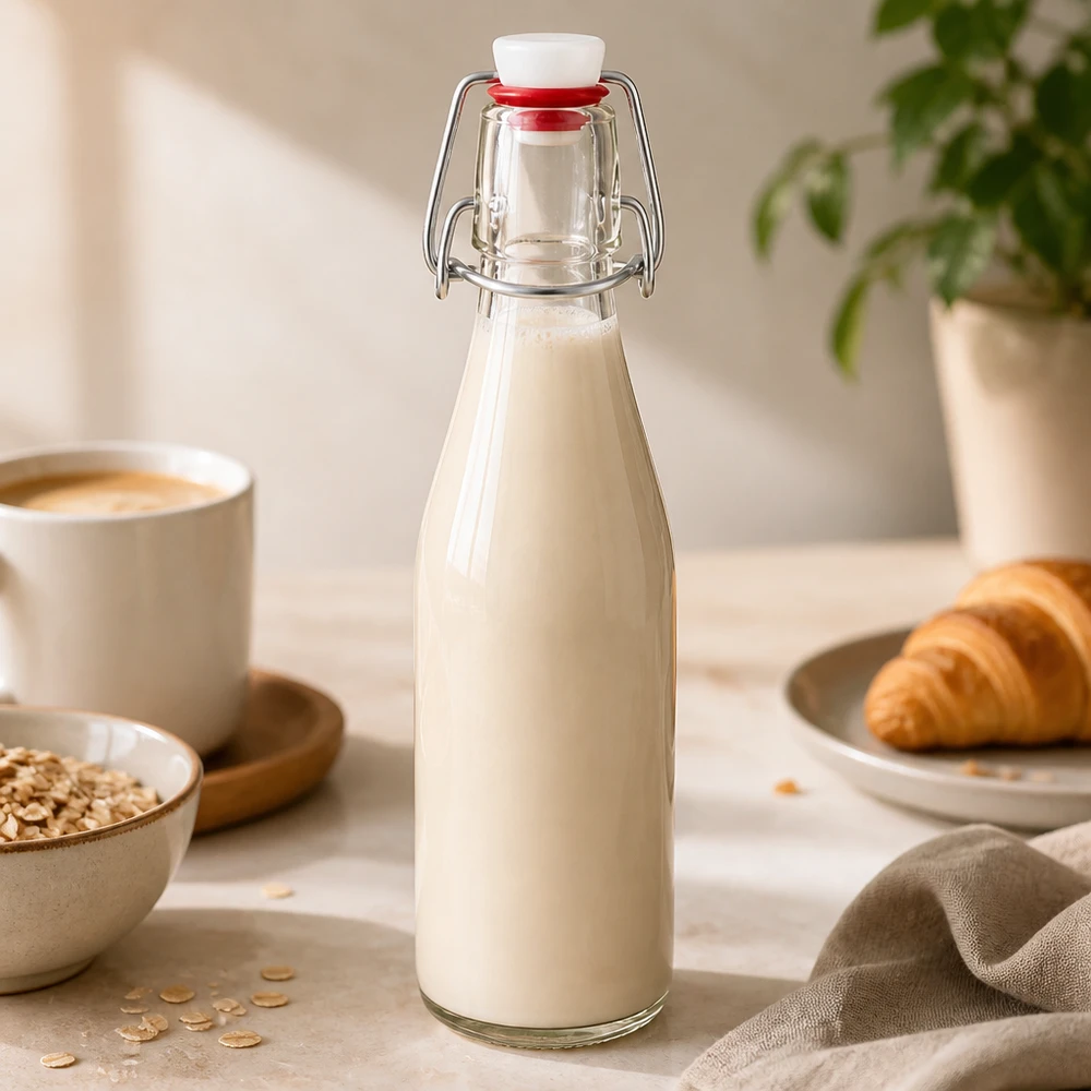 Glasflasche 250ml mit Bügelverschluss gefüllt mit Milch neben Haferflocken, Kaffeetasse und Croissant