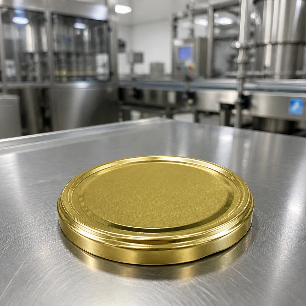 70mm BioSeal Deckel gold (TO70) UNiTWIST UNiTWIST TO70 goldener Einmachdeckel liegend Edelstahltisch professionelle Abfüllanlage BPA-NI