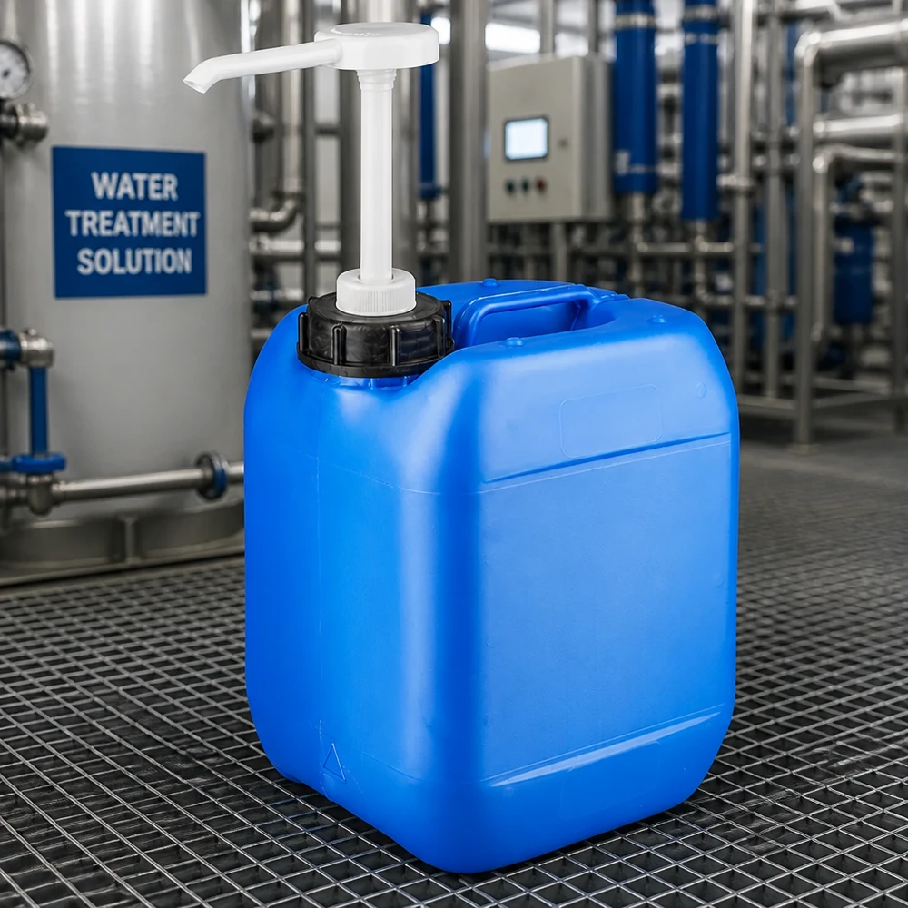 Kompakter rechteckiger 5L Kanister blau mit Pumpenaufsatz für Wasserbehandlung