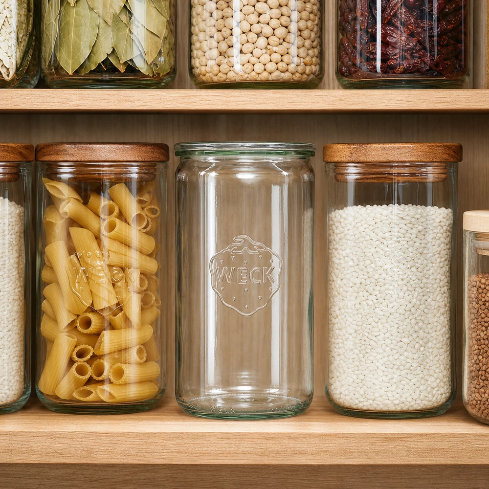 WECK Vorratsglas 1590ml RR100 in organisierter Pantry zwischen Pasta und Reis gefüllt mit Holzregalen