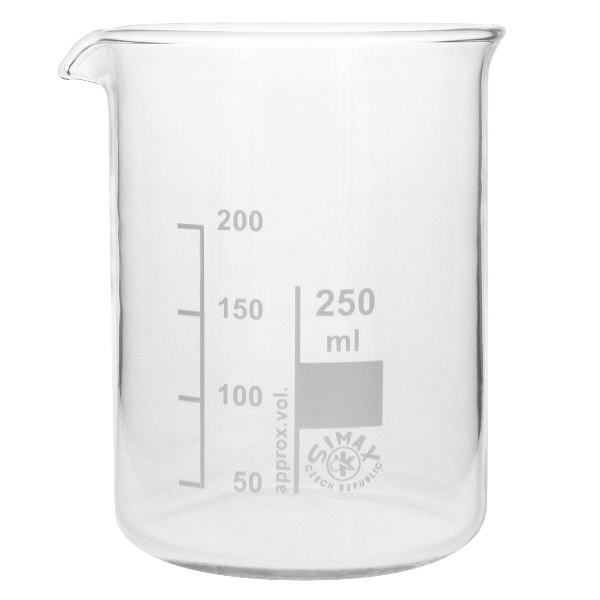 Becherglas 250ml Borosilikatglas, niedrige Form Kompaktes 250ml Becherglas niedrige Bauform aus robustem Borosilikatglas mit Messmarkierung