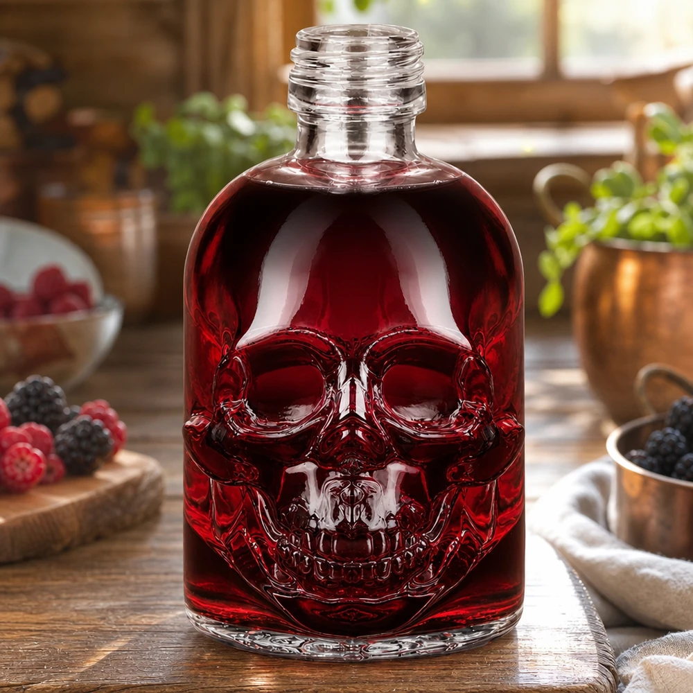 50ml Glasflasche "Hector" ohne Schrauberschluss UNiTWIST Totenkopf Glasflasche Hector 50ml mit roter Beerenflüssigkeit gefüllt rustikale Küche Himbeeren Brombeeren UNiTWIST