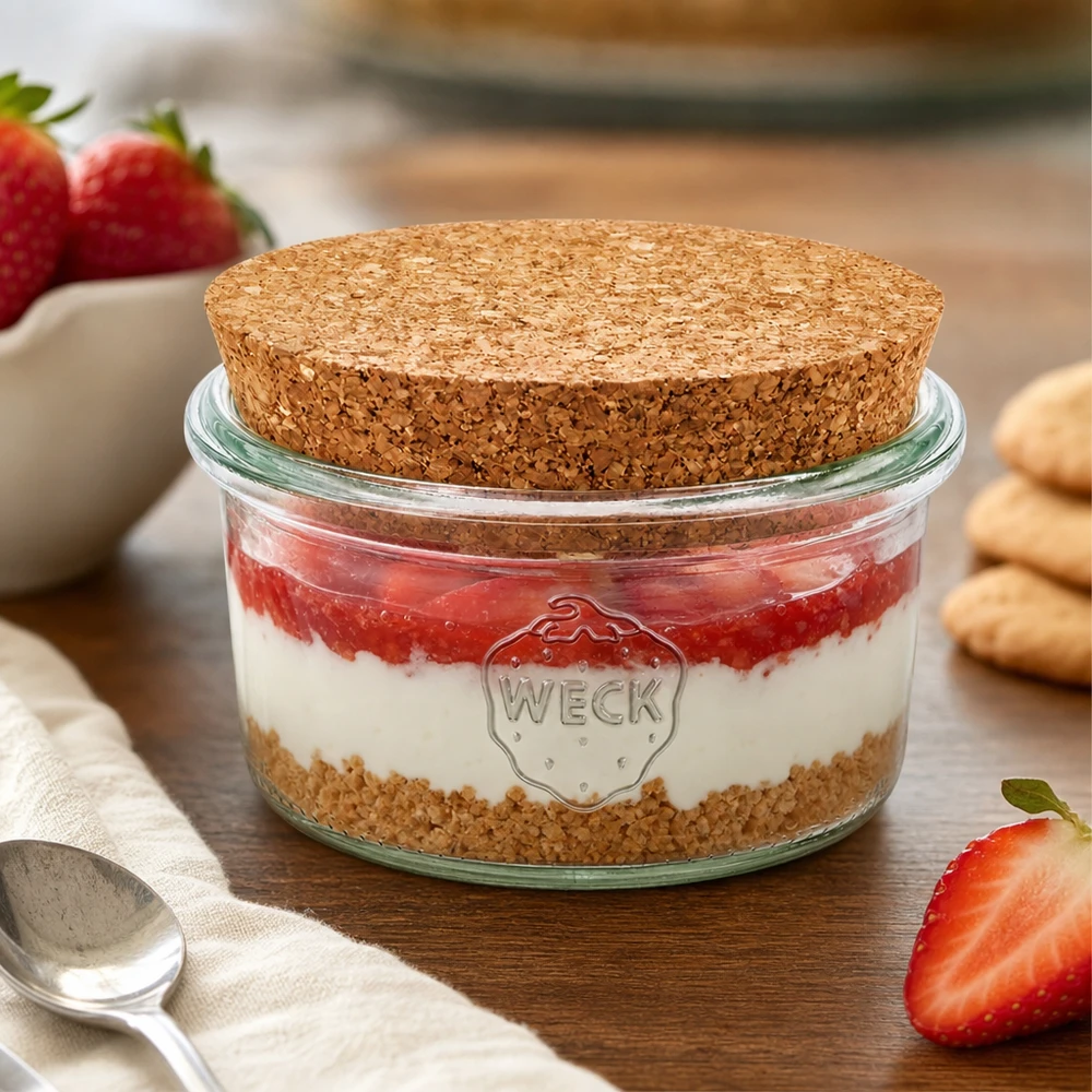 165ml Sturzglas WECK RR80 mit Korken natur WECK Sturzglas 165ml mit Korkdeckel als Dessertglas für Erdbeer-Tiramisu dekoriert mit frischen Erdbeeren