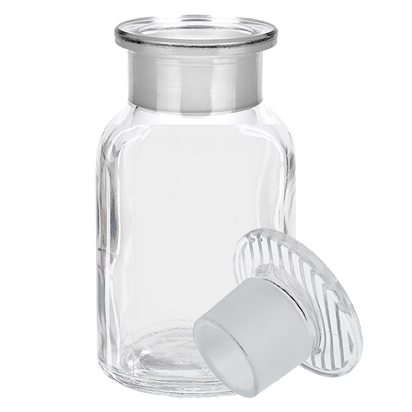 Rundschulterfl. 100ml klar Weithals Glasstopfen Klassische Rundschulterflasche 100ml mit mattem Glasstopfen transparent und luftdicht