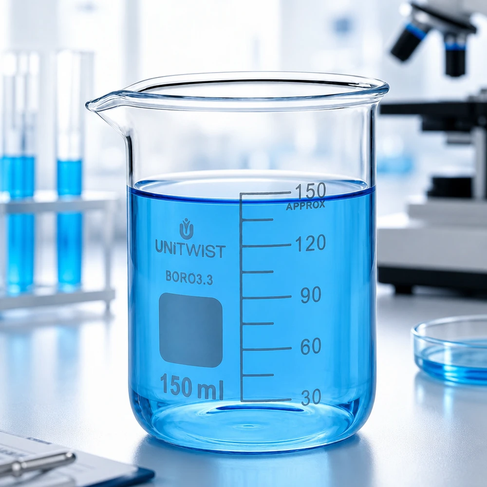 Becherglas 150ml Borosilikat, niedrige Form UNiTWIST Becherglas niedrige Form 150ml UNiTwist Borosilikat mit Ausgießer für Laboranwendungen
