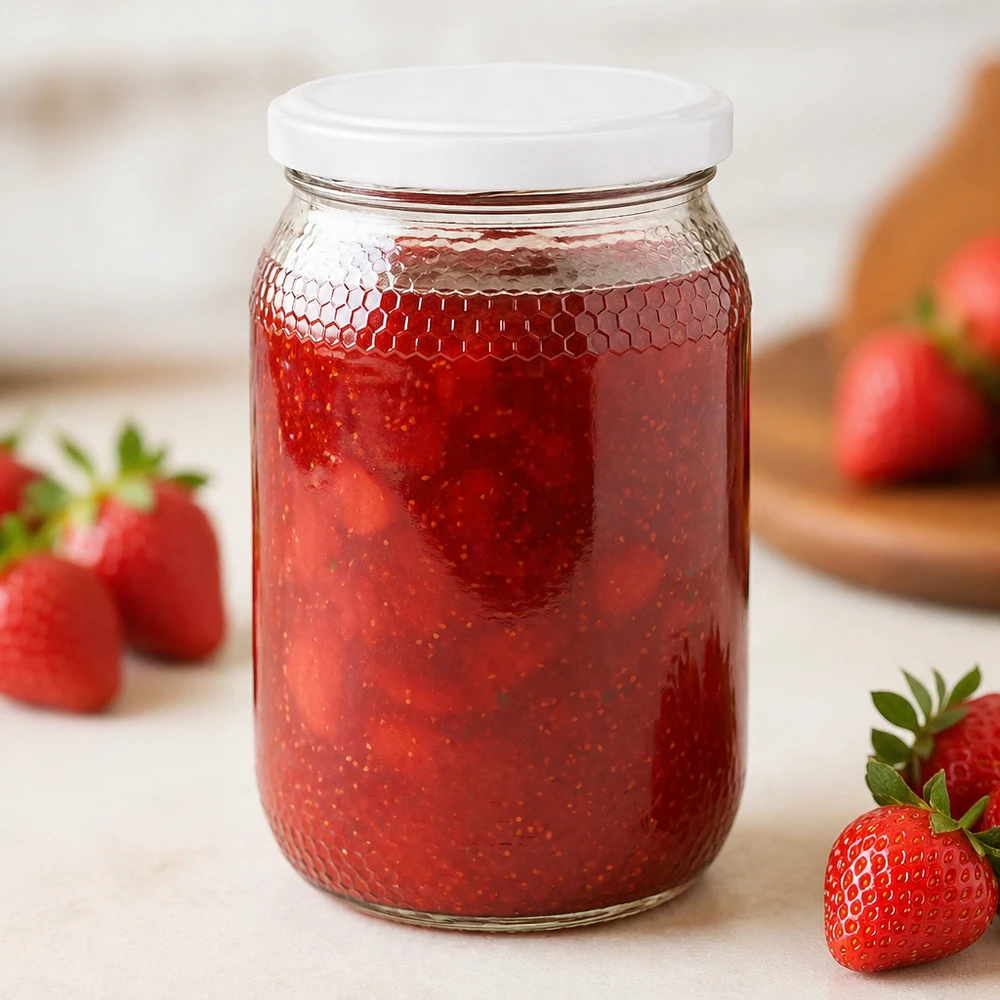1260g Honigglas + BasicSeal Deckel weiß UNiTWIST Honigglas 900ml mit Erdbeermarmelade befüllt demonstriert Eignung für Konfitüren BasicSeal Deckel UNiTWIST