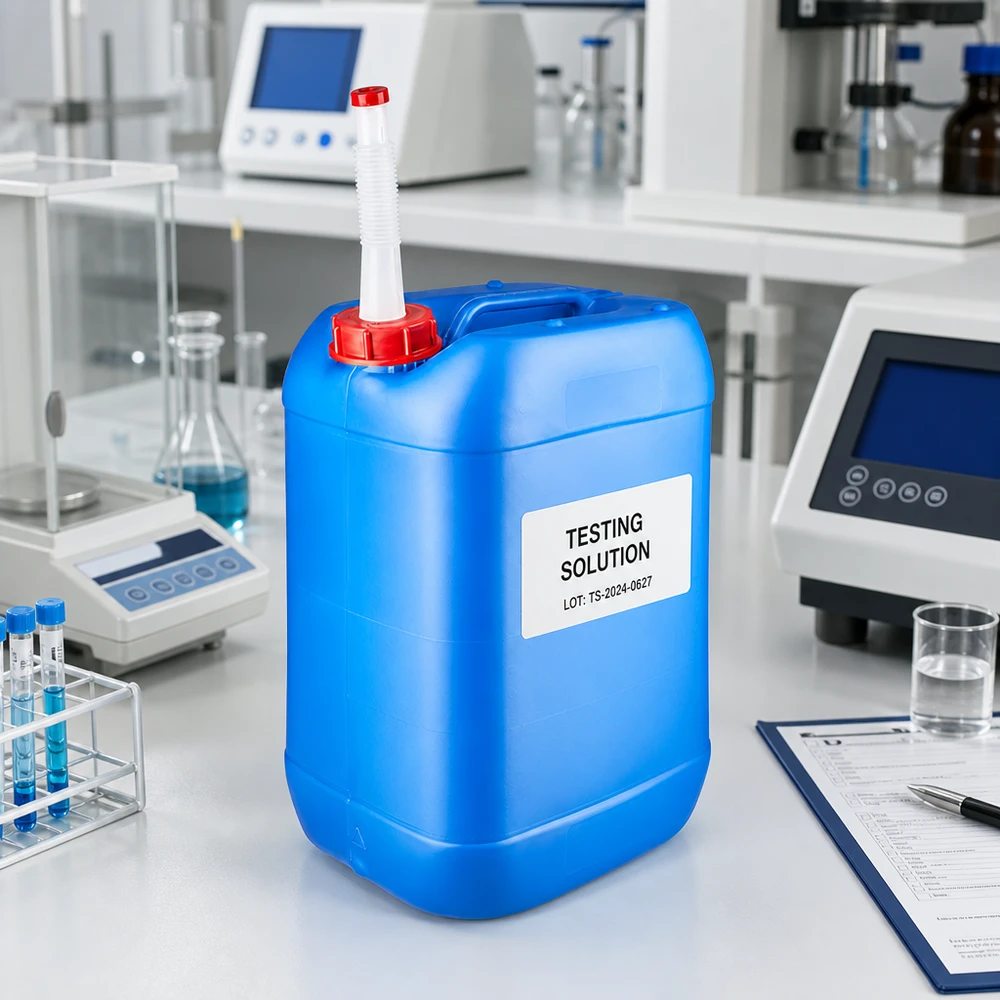 Stapelbarer 25-Liter-Flachkanister blau mit langem Flex-Auslaufrohr für Laborchemikalien