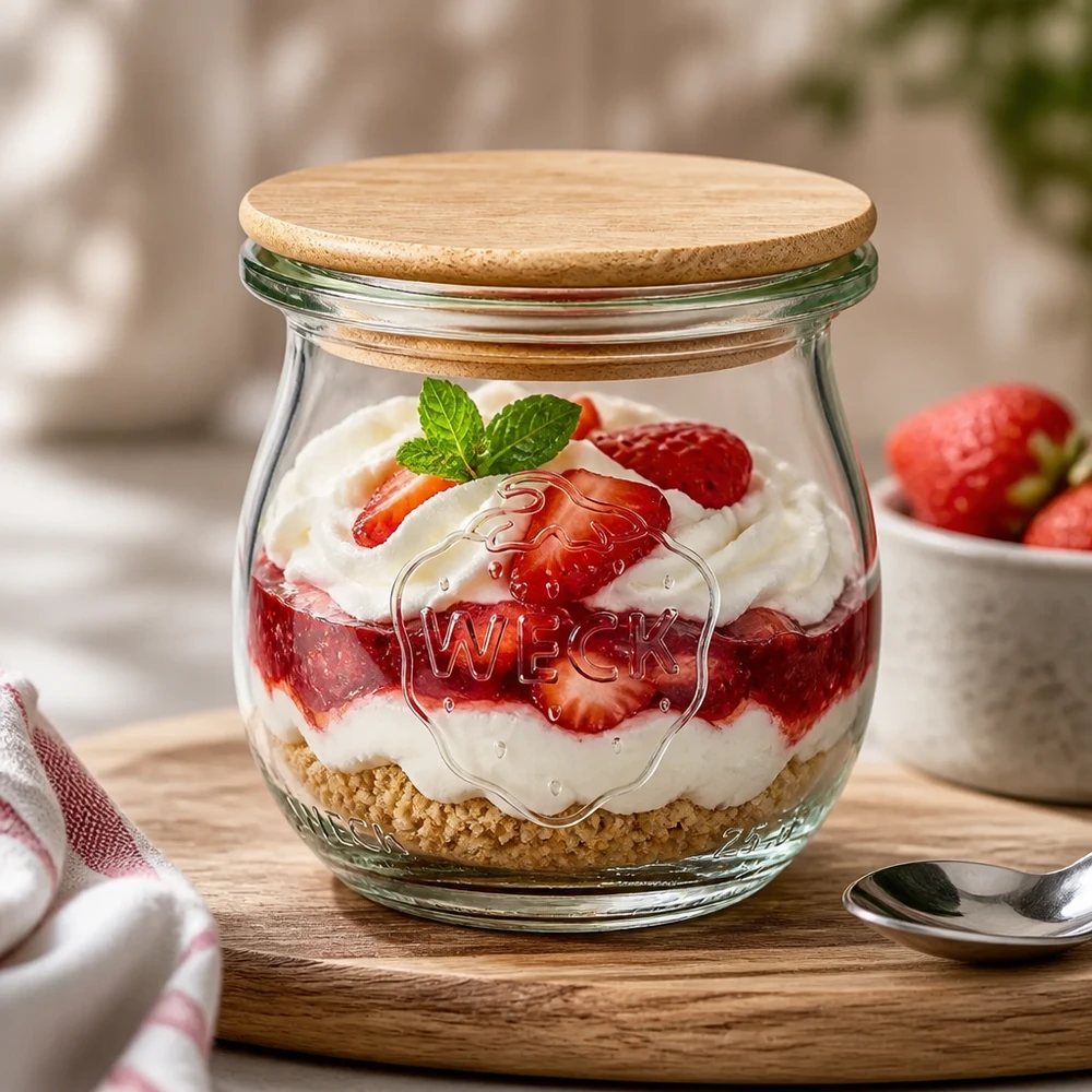 WECK Tulpenglas 75ml RR40 Dessertglas mit Bambusdeckel gefüllt mit Erdbeerdessert und Sahne auf Holztisch