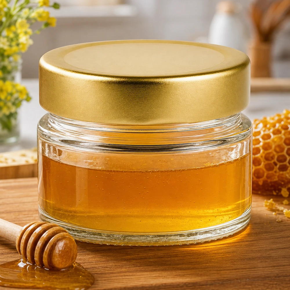 80ml Rundglas mit BasicSeal Deckel gold deep UNiTWIST 80ml Rundglas mit BasicSeal Deckel gold deep gefüllt mit Honig neben Wabe und Honiglöffel auf Holzbrett