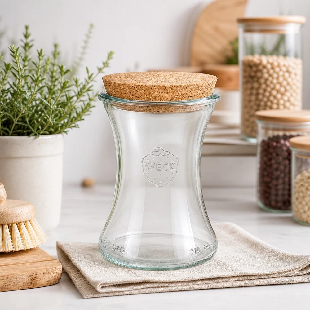 WECK Delikatessenglas 370ml RR80 in moderner Küche mit Vorratsgläsern Kräutern und Holzaccessoires als Deko
