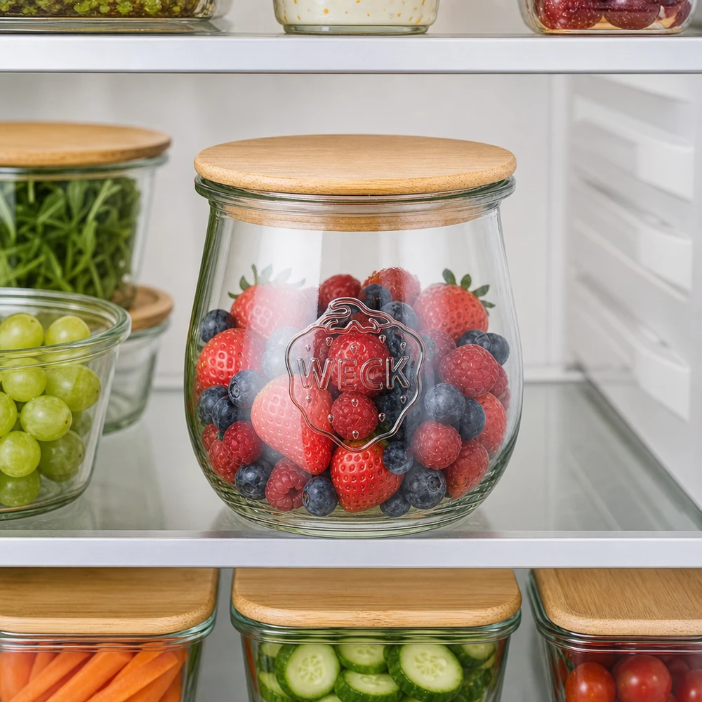 220ml Tulpenglas WECK RR60 mit Holzdeckel WECK Tulpenglas 220ml mit Holzdeckel zur Aufbewahrung von Beeren im Kühlschrank - Frischhalteglas für Obst