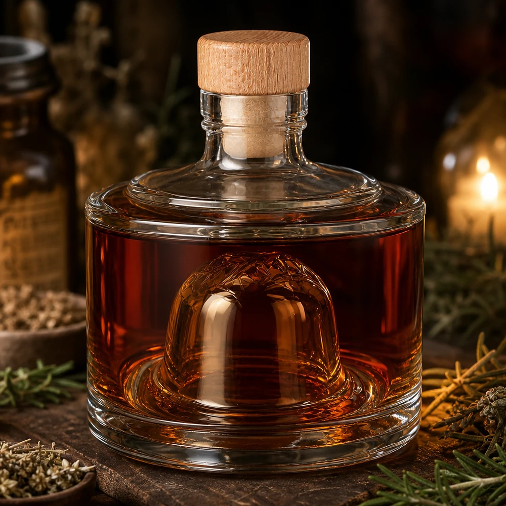 200ml Glasflasche "Barbara" mit Holzgriff-Korken UNiTWIST Elegante 200ml Glasflasche Barbara mit bernsteinbraunem Whisky gefüllt rustikale Dekoration Holzkorken Premium Design