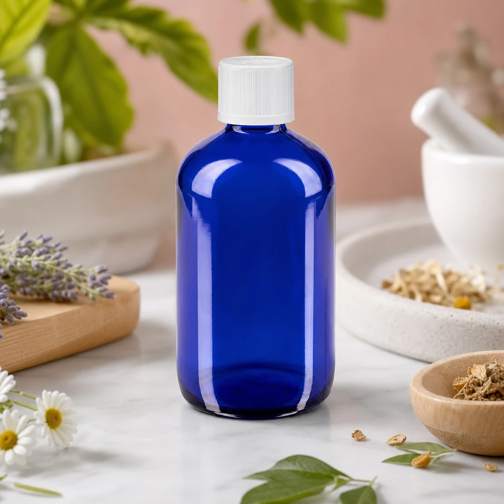 Apothekenflasche blau 100ml Tropfverschluss weiß Kindersicherung Standard Uviol-blaue 100ml Flasche mit weißem Tropfverschluss ideal für lichtempfindliche Flüssigkeiten