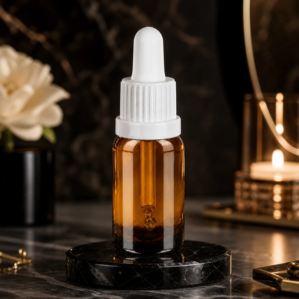 Professionelle 10ml Pipettenflasche aus getöntem Glas mit weißem UT18 Pipettenverschluss