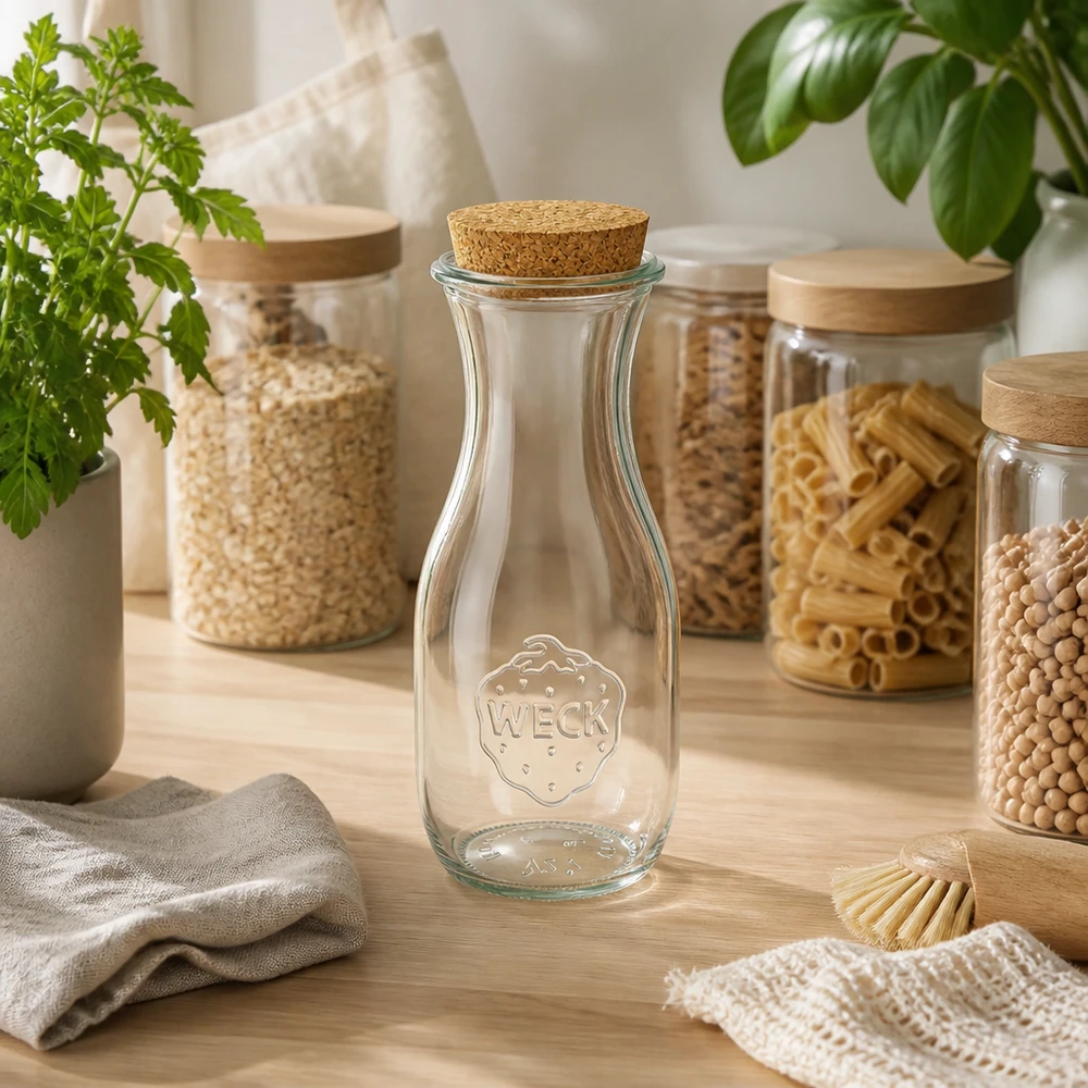 530ml Saftflasche WECK RR60 mit Korken natur WECK Saftflasche 530ml RR60 mit Korken in nachhaltiger Zero-Waste Küche zwischen Vorratsgläsern und grünen Pflanzen