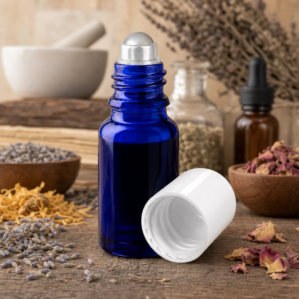 Apothekenflasche blau 10ml Roll-On Verschluss weiß Blaue 10ml Roll-On Dispenserflasche aus Apothekerglas mit weißem Schraubverschluss und Kräuterdeko