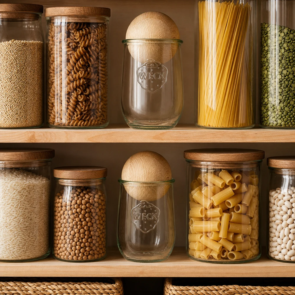 1062ml Tulpenglas WECK RR100 mit Holzkugel Buche WECK Tulpenglas 1062ml RR100 mit Buchenkugel in organisierter Pantry zwischen Pasta Reis und Hülsenfrüchten