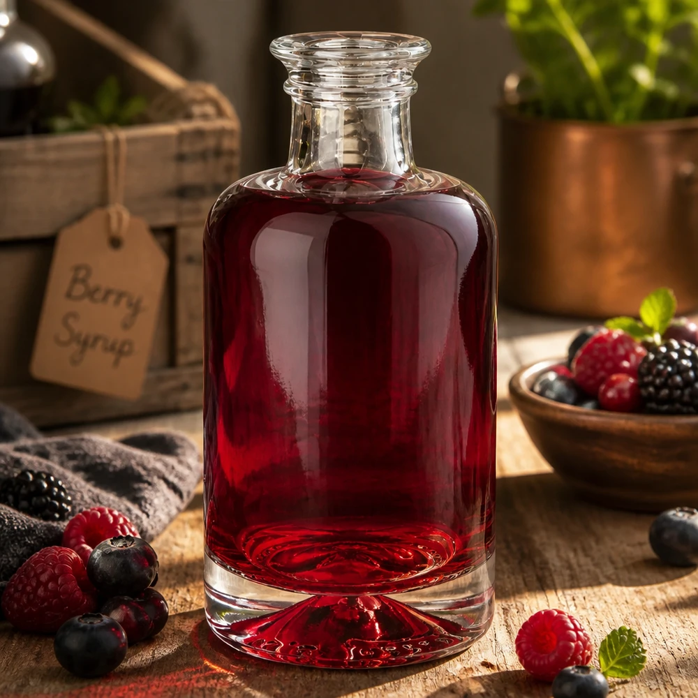 100ml Glasflasche Sofia mit rotem Beerensaft gefüllt umgeben von frischen Beeren auf rustikalem Holzhintergrund