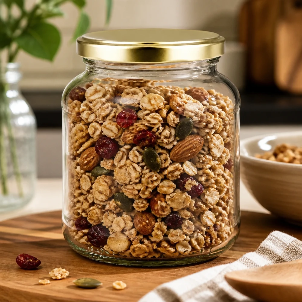 370ml Ovalglas mit goldenem BasicSeal Deckel gefüllt mit Nuss-Trockenfrüchte-Mix - UNiTWIST Vorratsglas für Müsli