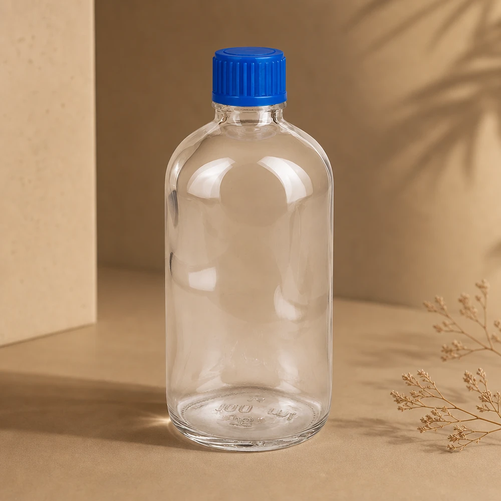 100ml Flasche 11mm Schraubverschluss blau Standard ClearLine UT18/100 Miniaturflasche Klarglas 100ml stabiler Boden blauer Deckel ClearLine UT18 Serumflasche