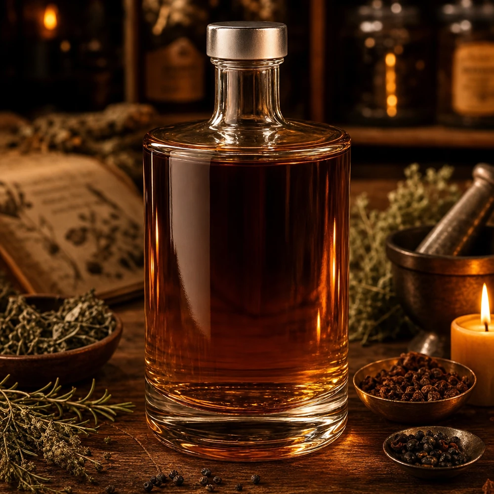 500ml Glasflasche "Sam" + Schraubverschluss silber UNiTWIST 500ml Glasflasche Sam mit braunem Whisky gefüllt zwischen Gewürzen und Kerzenschein Ambiente Szene