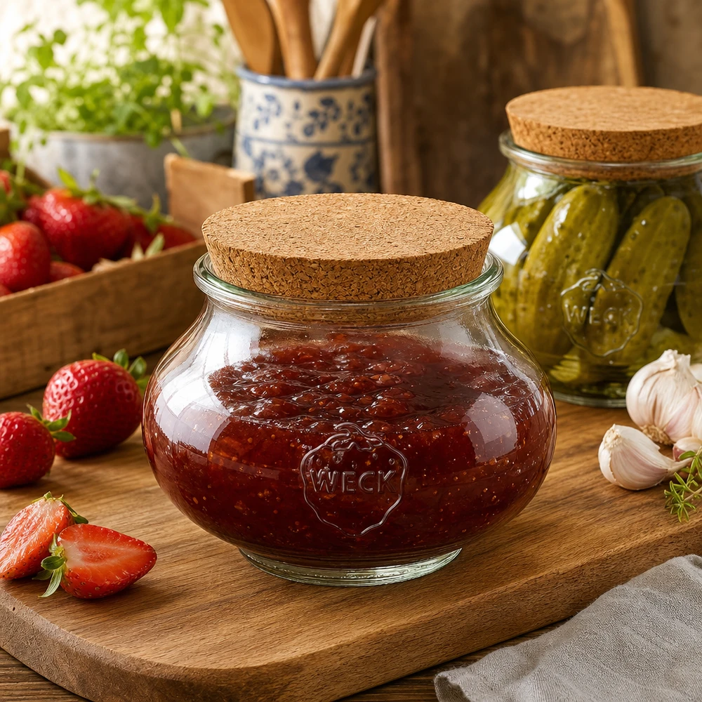 560ml Schmuckglas WECK RR80 mit Korken natur WECK Vorratsglas 560ml mit Korkdeckel in rustikaler Küche gefüllt mit Marmelade neben Erdbeeren und Gurken