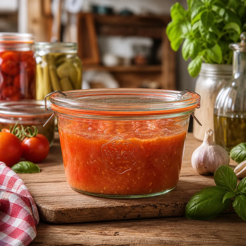 WECK RR100 Sturzglas 370ml in rustikaler Küche mit Tomatensauce gefüllt zeigt praktische Verwendung zum Einmachen