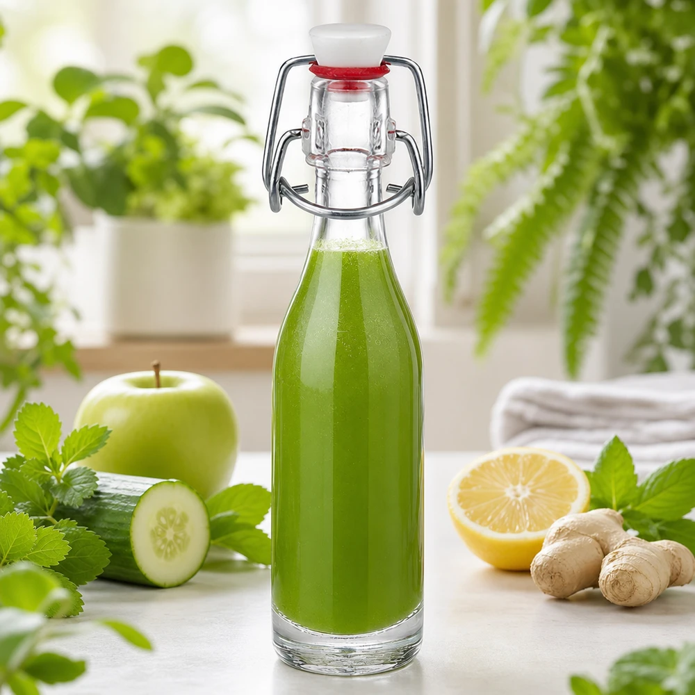 50ml Glasflasche UNiTWIST mit grünem Smoothie gefüllt neben Gurke Apfel Ingwer und Zitrone als gesunde Getränkeoption