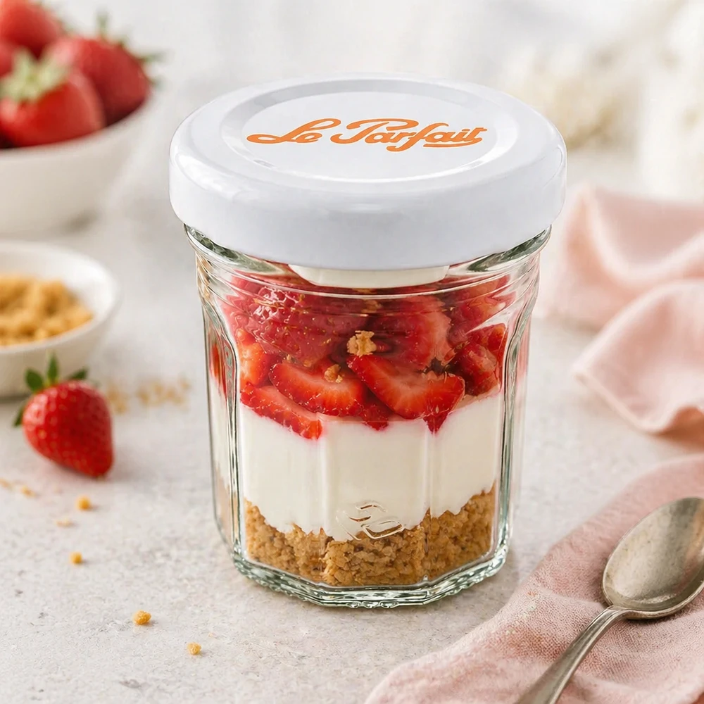 44ml Mini-Sturzglas "Jam" mit Schraubdeckel Le Parfait® Mini-Sturzglas Le Parfait 44ml als Dessertglas mit Erdbeeren, Creme und Keksboden - vielseitig verwendbar