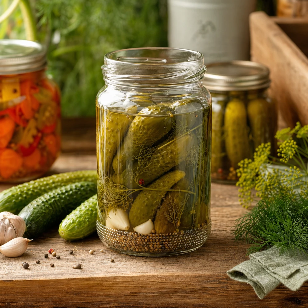 110ml Rundglas ohne Deckel (TO48) UNiTWIST Eingelegte Gurken im UNiTWIST Runda110 Rundglas 110ml TO48 mit Dill und Gewürzen auf Holztisch