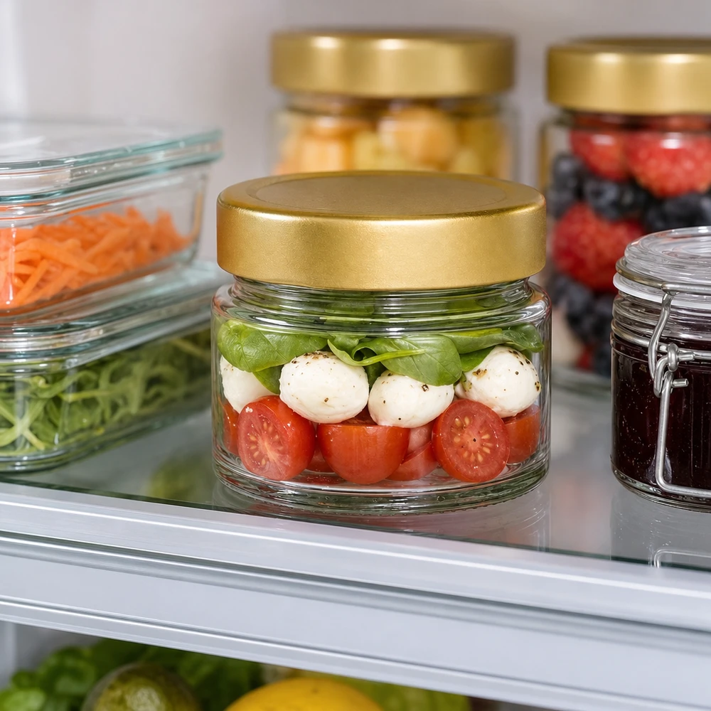 80ml Rundglas mit BasicSeal Deckel gold deep UNiTWIST Caprese-Salat im 80ml Rundglas mit goldenem Deckel im Kühlschrank - praktische Aufbewahrung für Meal Prep