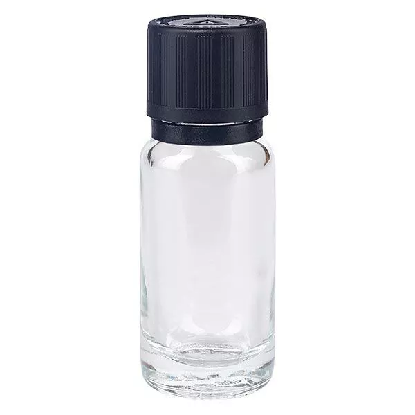 Apothekenflasche klar 10ml Tropfer Giessring 1mm schwarz Kindersicherung Blindenwarnsymbol Originalitätsverschluss