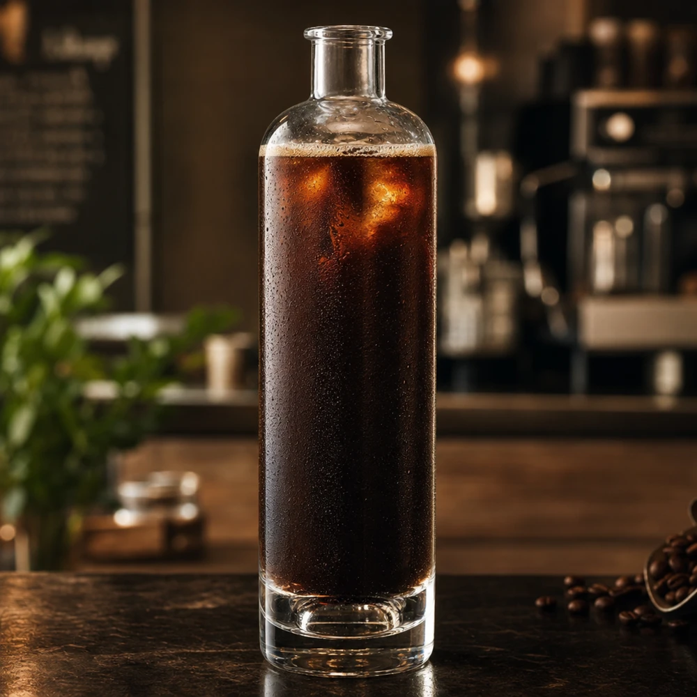 500ml Glasflasche "Ella" ohne Verschluss UNiTWIST 500ml Glasflasche Ella mit Cold Brew Kaffee gefüllt in Küche zylindrische Form ohne Verschluss UNiTWIST Anwendungsbeispi