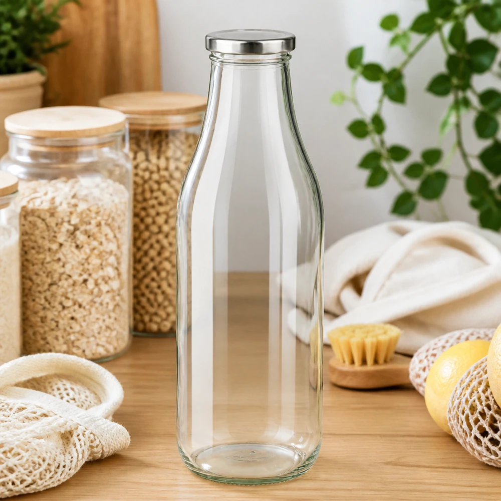 1000ml Glasflasche + BasicSeal Deckel silber UNiTWIST 1000ml Glasflasche BasicSeal silber auf Holztisch mit nachhaltigen Küchenaccessoires und Pflanzen Zero Waste Lifestyle
